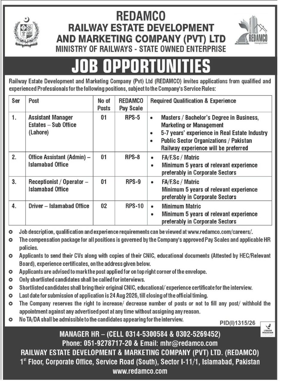 Railway Estate Development and Marketing Company (Pvt) Ltd Jobs 2026 – Railway Estate Development and Marketing Company (Pvt) Ltd (REDAMCO), Ministry of Railways - State Owned Enterprise Jobs 2026 — original newspaper advertisement