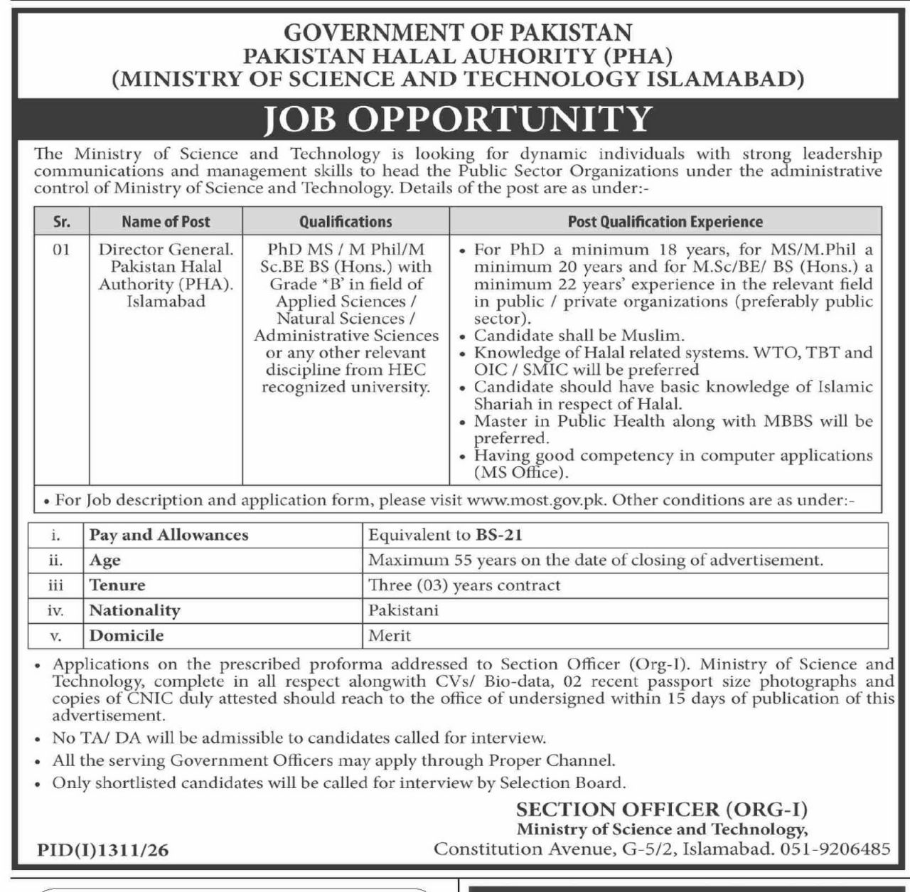Director General, Pakistan Halal Authority (PHA) Jobs 2026 – Government of Pakistan, Pakistan Halal Authority (PHA), Ministry of Science and Technology, Islamabad Jobs 2026 — original newspaper advertisement