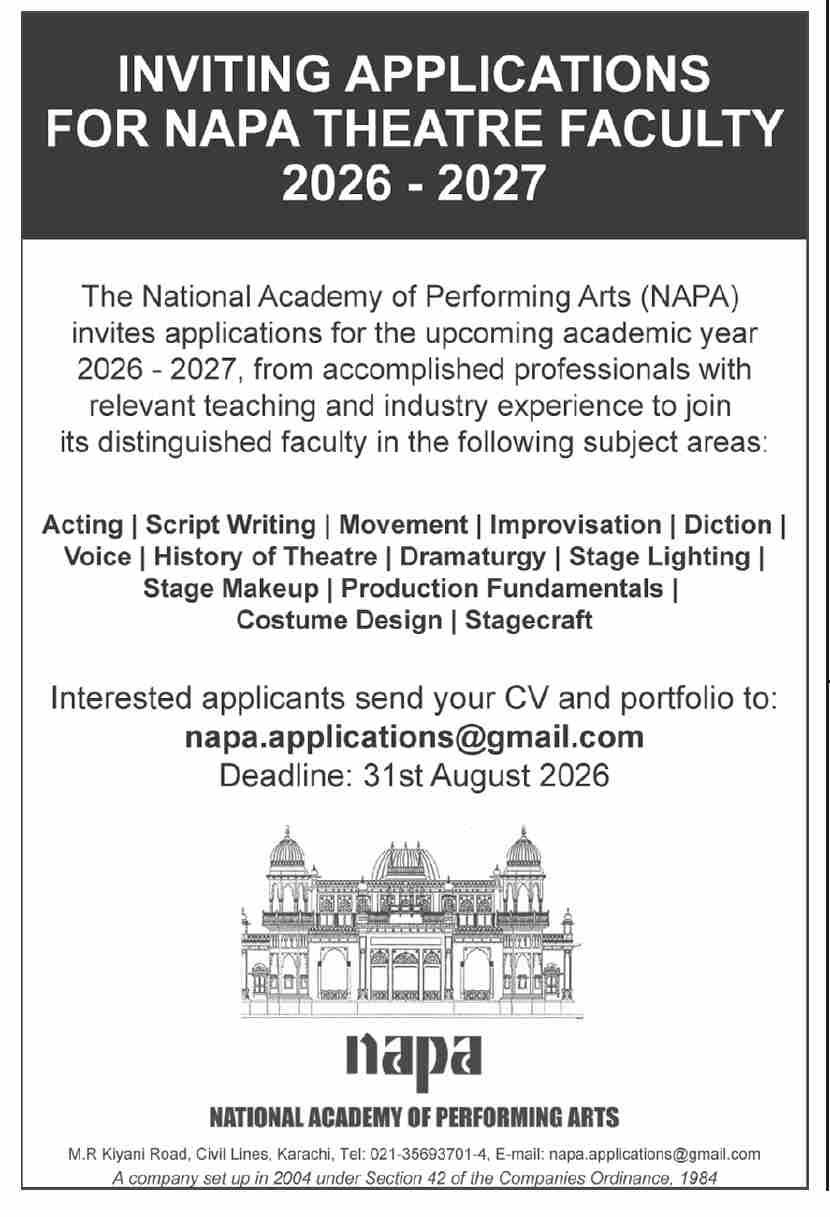 National Academy of Performing Arts (NAPA) Faculty 2026-2027 Jobs 2026 — original newspaper advertisement