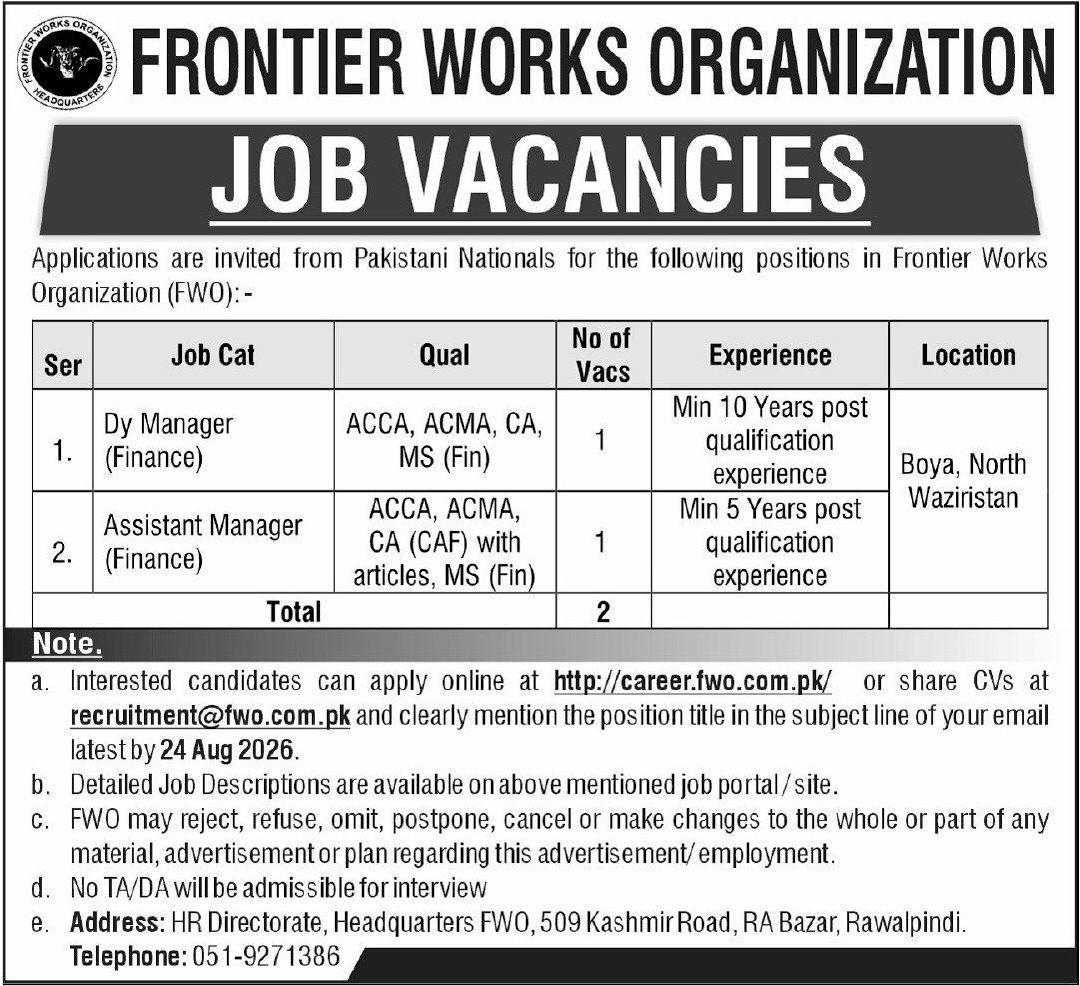 Frontier Works Organization (FWO) Job 2026 Jobs 2026 — original newspaper advertisement