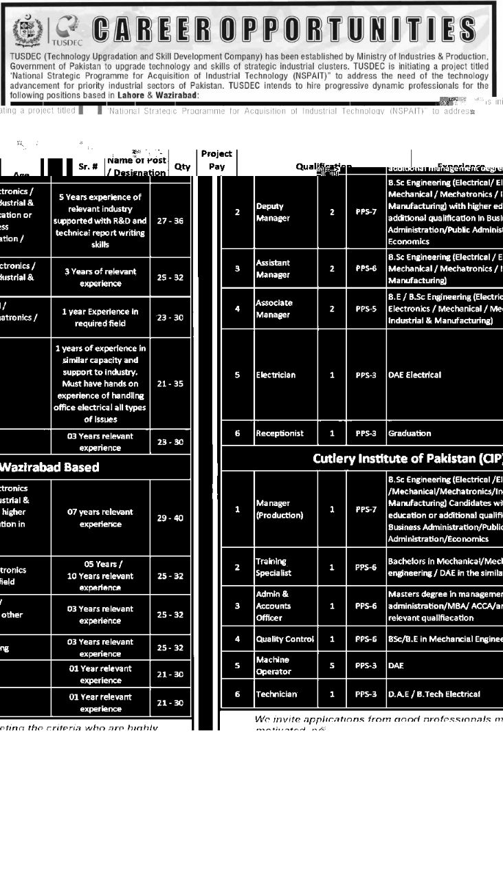 TUSDEC (Technology Upgradation and Skill Development Company) / Cutlery Institute of Pakistan (CIP) Jobs 2026 Jobs 2026 — original newspaper advertisement