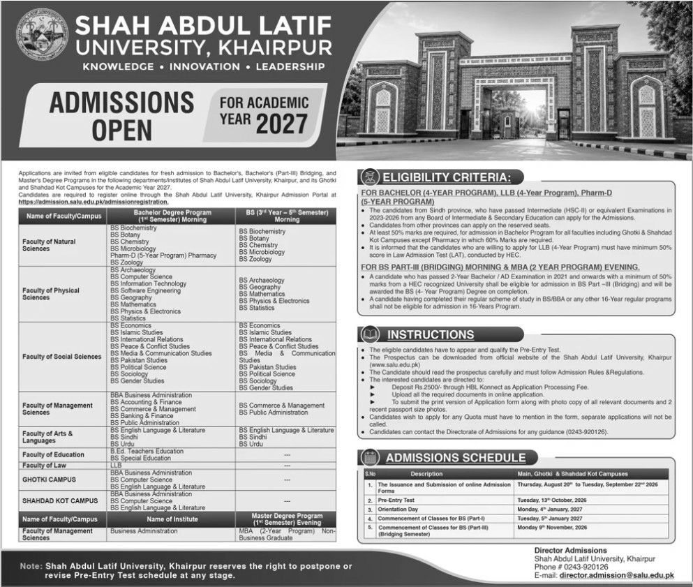 Admissions Open Shah Abdul Latif University, Khairpur 2027 Admissions 2026 — original newspaper advertisement