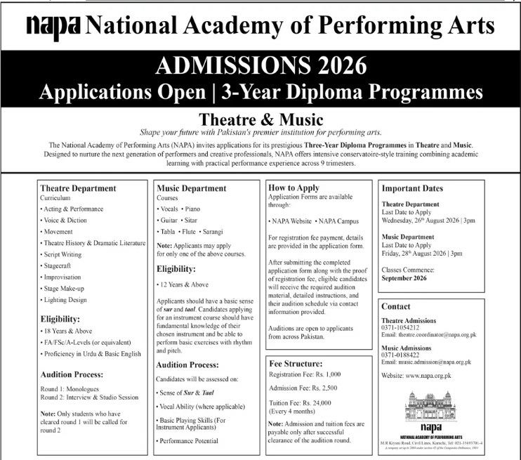 Admissions National Academy of Performing Arts (NAPA) 2026 Admissions 2026 — original newspaper advertisement
