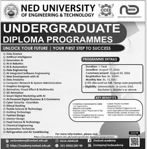 Admission Open in NED University of Engineering & Technology (CCEE / NED Academy) 2026 Admissions 2026 — original newspaper advertisement