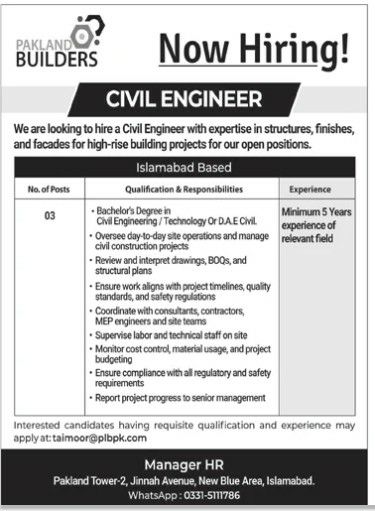 Pakland Builders Islamabad Jobs 2026 Jobs 2026 — original newspaper advertisement
