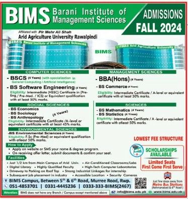 Admissions BIMS - Barani Institute of Management Sciences (Affiliated with Pir Mehr Ali Shah Arid Agriculture University Rawalpindi) Fall 2024 Admissions 2026 — original newspaper advertisement