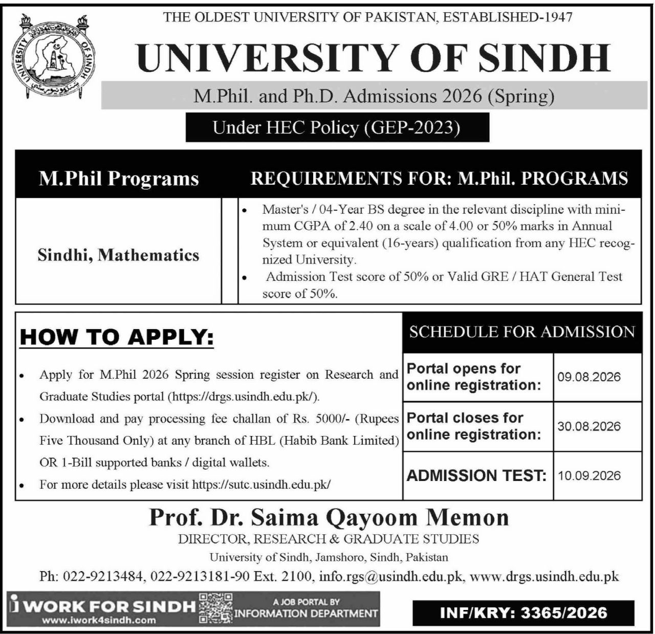 University of Sindh Admissions 2026 (Spring) Under HEC Policy Admissions 2026 — original newspaper advertisement