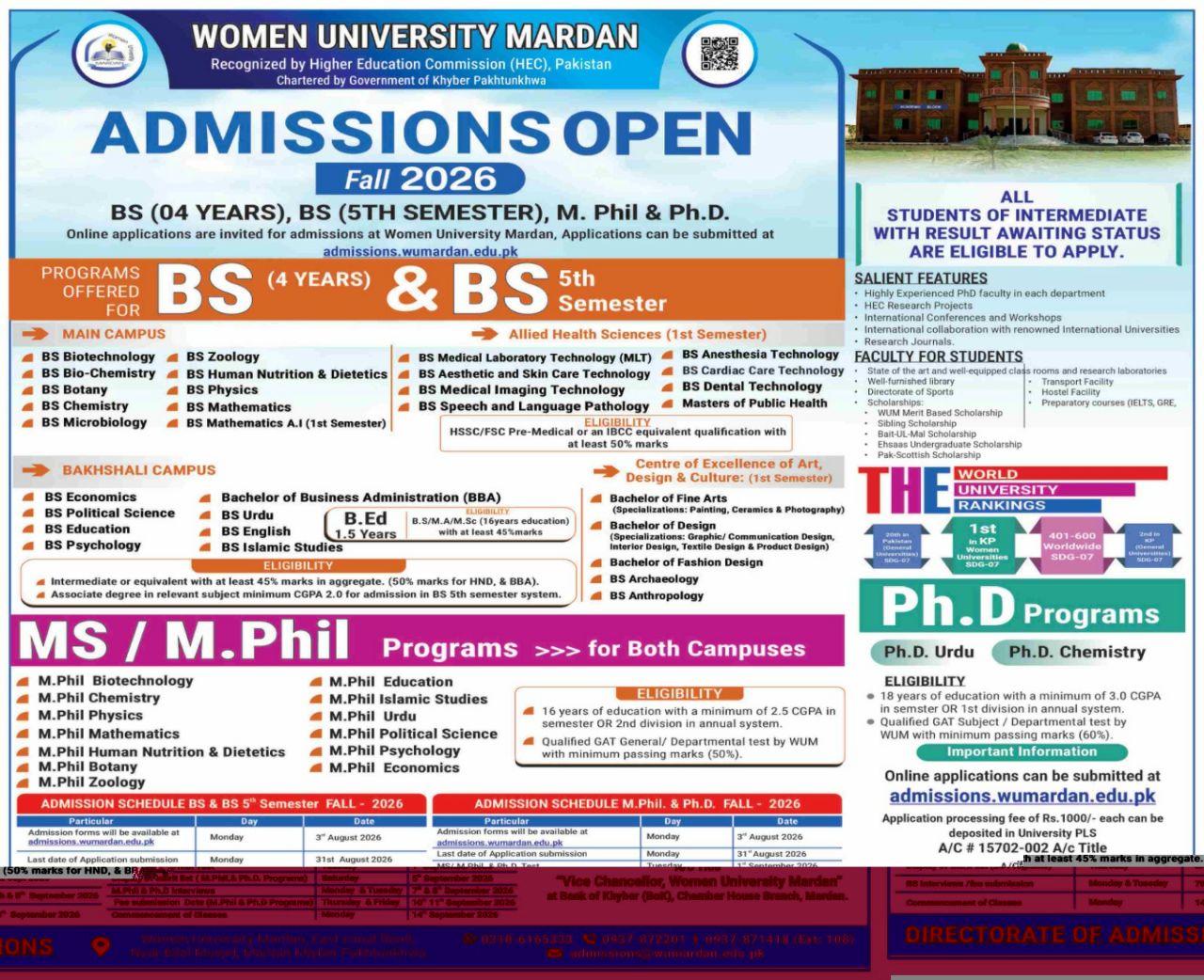 Admissions Open Fall Women University Mardan 2026 Admissions 2026 — original newspaper advertisement