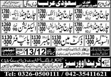 Charge Hand (Electrical) - 01 (1 posts) Charge Hand (Painting) Saudi Arabia – Great Overseas / M/s Gulf Overseas International Services Jobs 2026 — original newspaper advertisement