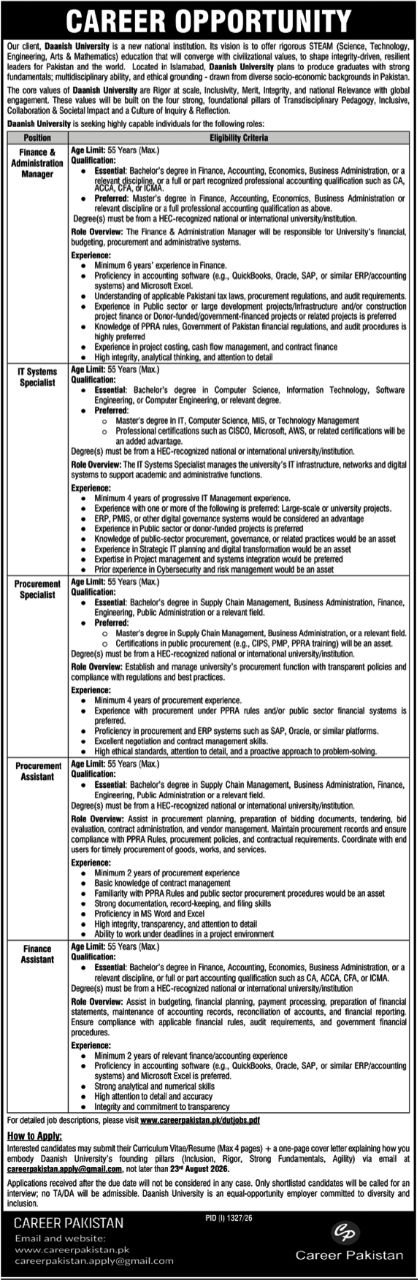 Daanish University Jobs 2026 – Daanish University (via Career Pakistan) Jobs 2026 — original newspaper advertisement