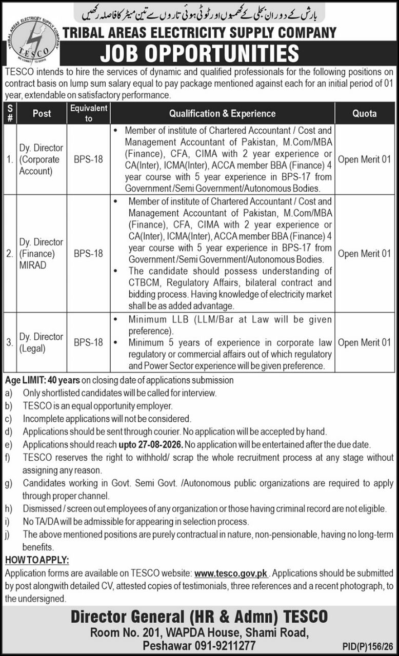 Tribal Areas Electricity Supply Company (TESCO) Jobs 2026 Jobs 2026 — original newspaper advertisement