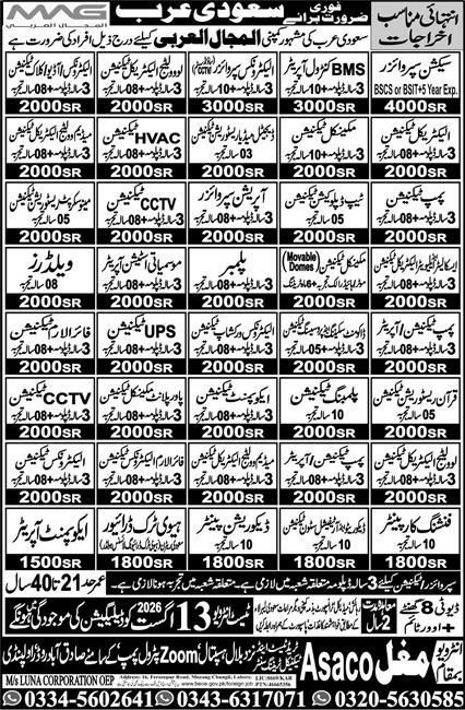 Electrician / Local Electrician Jobs in Saudi Arabia – M/s Luna Corporation OEP / Asaco Mughal (Pvt) Ltd Jobs 2026 — original newspaper advertisement