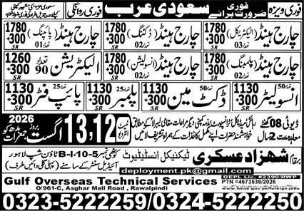 Charge Hand (Electrical) - 02 Charge Hand (Plumbing) Jobs in Saudi Arabia – Gulf Overseas Technical Services / Shahzad Askari Institute Jobs 2026 — original newspaper advertisement