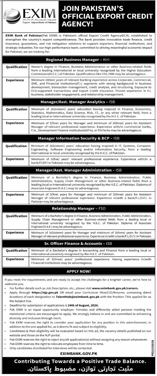 EXIM Bank of Pakistan (Pak EXIM) Jobs 2026 Jobs 2026 — original newspaper advertisement