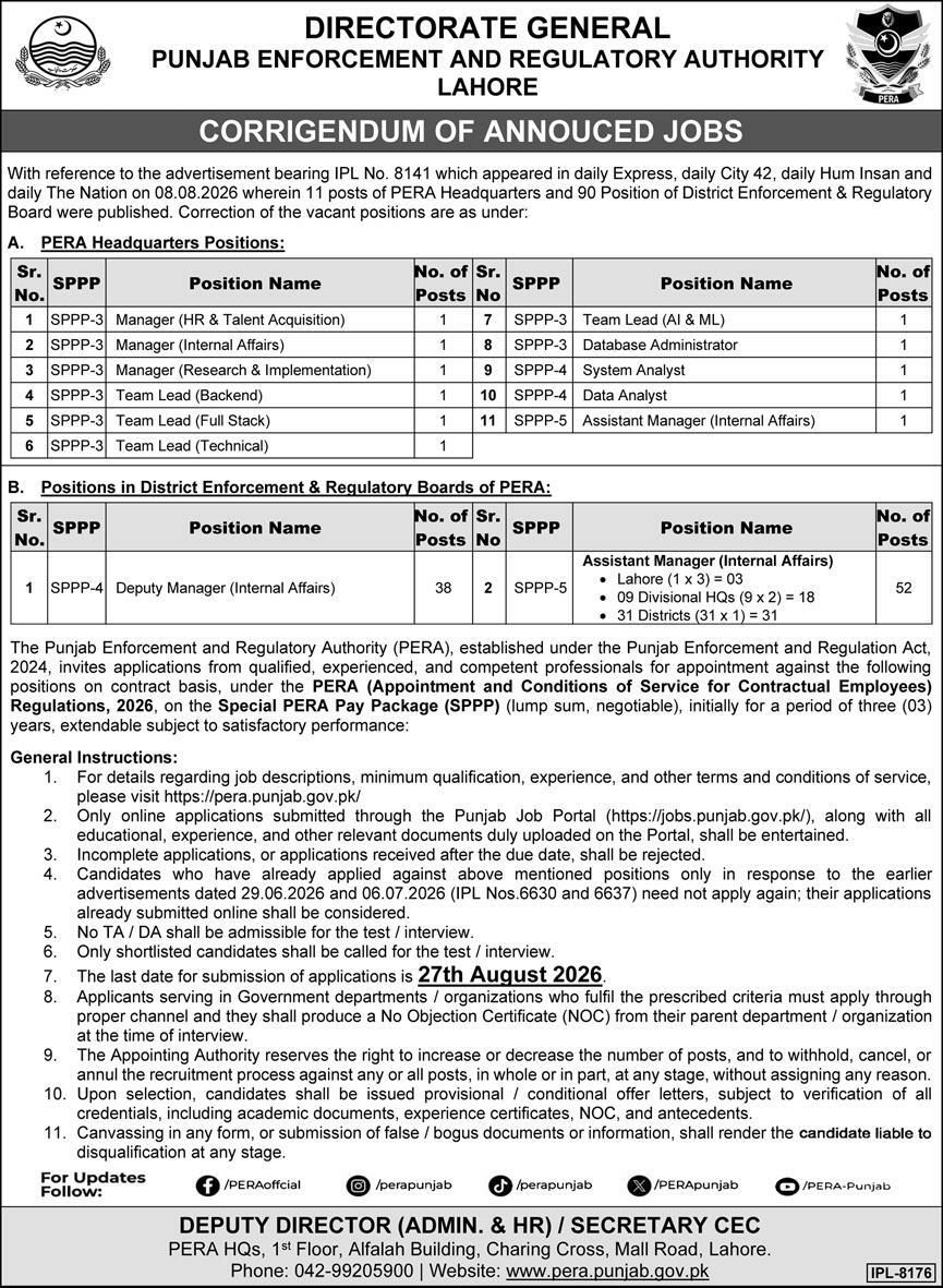 Corrigendum of Announced Jobs – Directorate General, Punjab Enforcement and Regulatory Authority (PERA), Lahore Jobs 2026 — original newspaper advertisement