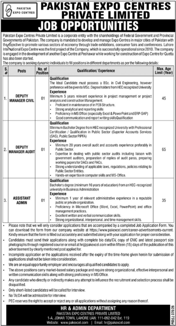 Pakistan Expo Centres Private Limited Jobs 2026 Jobs 2026 — original newspaper advertisement