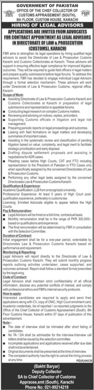 Office of the Chief Collector of Customs Jobs 2026 – Government of Pakistan, Office of the Chief Collector of Customs Appraisement (South), Directorate of Law & Prosecution (Customs), Karachi Jobs 2026 — original newspaper advertisement
