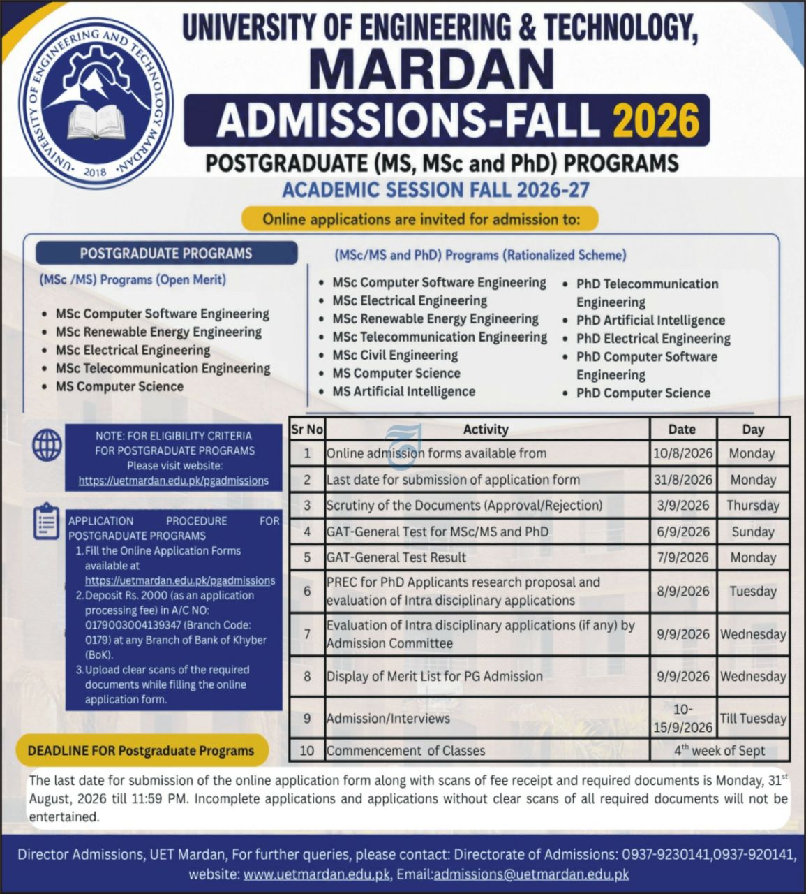 University of Engineering & Technology, Mardan Admissions Fall 2026 Admissions 2026 — original newspaper advertisement