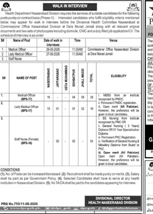 Walk in Interview - Health Department Naseerabad Division – Health Department Naseerabad Division / Divisional Director Health Naseerabad Division Jobs 2026 — original newspaper advertisement