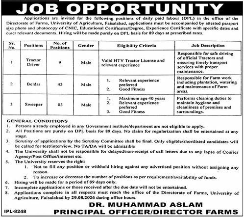 Directorate of Farms, University of Agriculture, Faisalabad Jobs 2026 Jobs 2026 — original newspaper advertisement