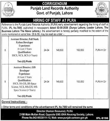 Corrigendum - Hiring of Staff at PLRA – Punjab Land Records Authority, Govt. of Punjab, Lahore Jobs 2026 — original newspaper advertisement