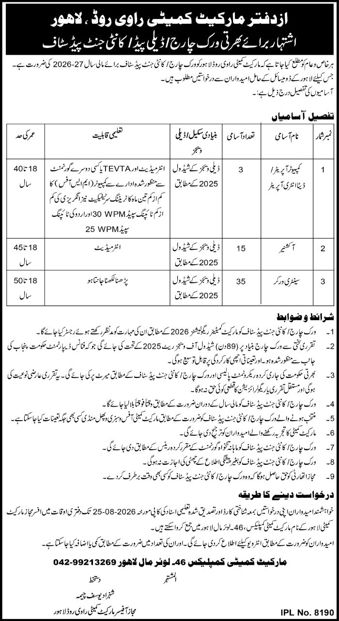 Market Committee Lahore Jobs 2026 – Office of the Market Committee, Ravi Road, Lahore Jobs 2026 — original newspaper advertisement