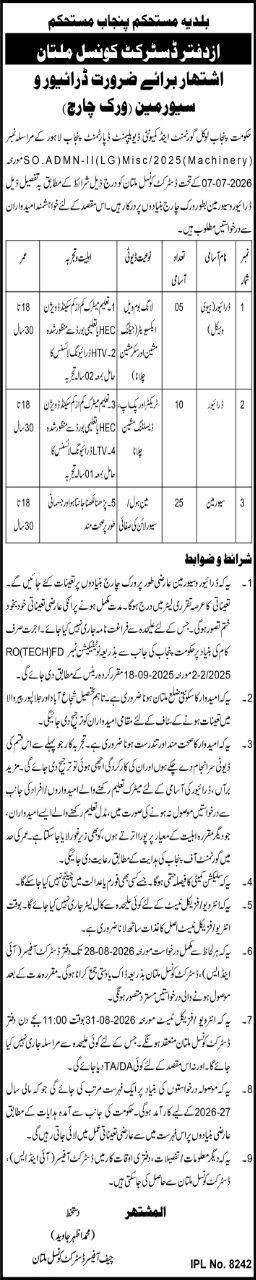 District council Multan Punjab Jobs 2026 – Local Government Punjab, Office of District Council Multan (Multan Municipal Corporation) Jobs 2026 — original newspaper advertisement