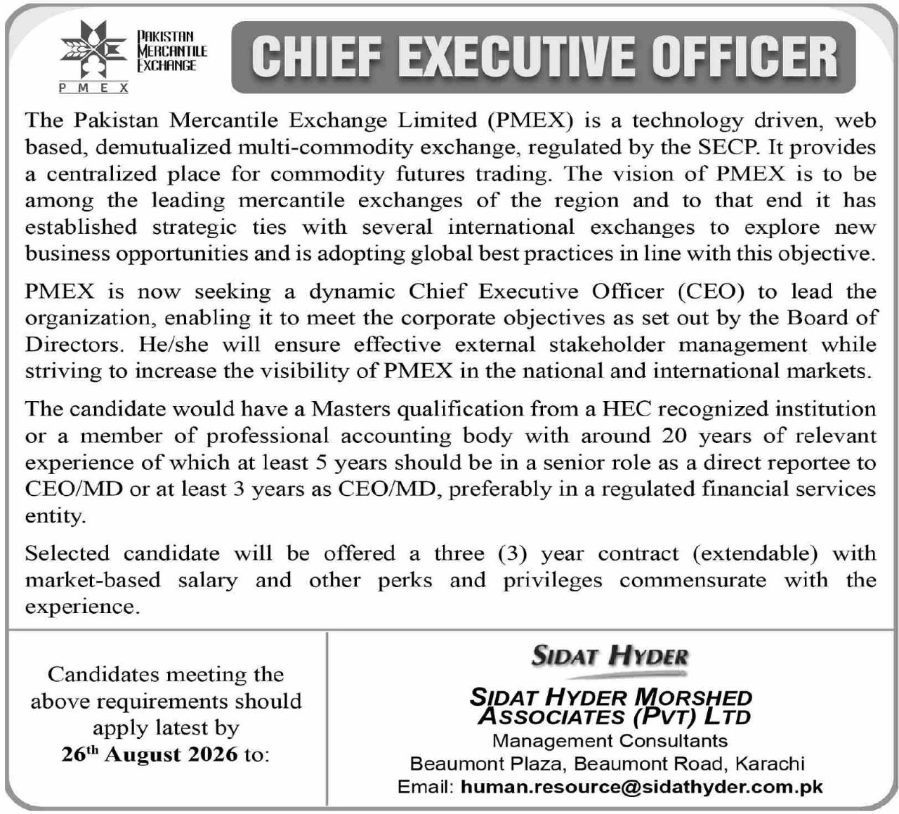Pakistan Mercantile Exchange Limited (PMEX) Jobs 2026 Jobs 2026 — original newspaper advertisement