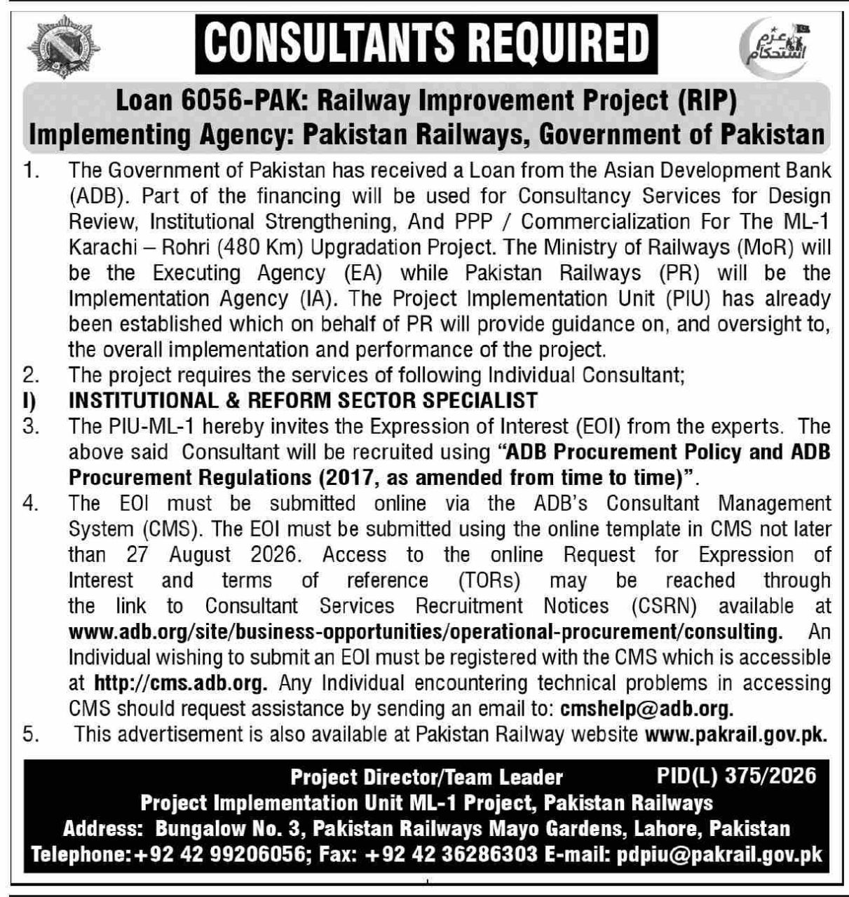 Consultants Required - Institutional & Reform Sector Specialist – Pakistan Railways, Government of Pakistan (Project Implementation Unit ML-1 Project) Jobs 2026 — original newspaper advertisement