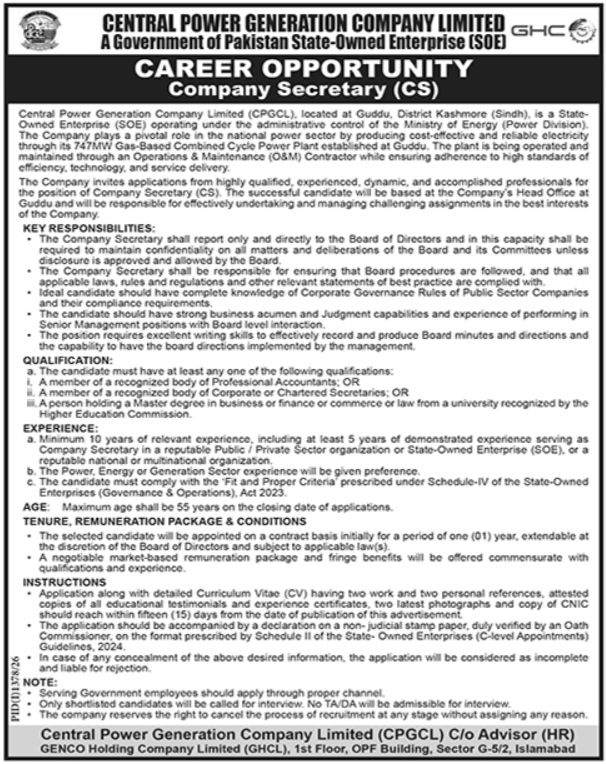 Central Power Generation Company Limited (CPGCL) Jobs 2026 Jobs 2026 — original newspaper advertisement