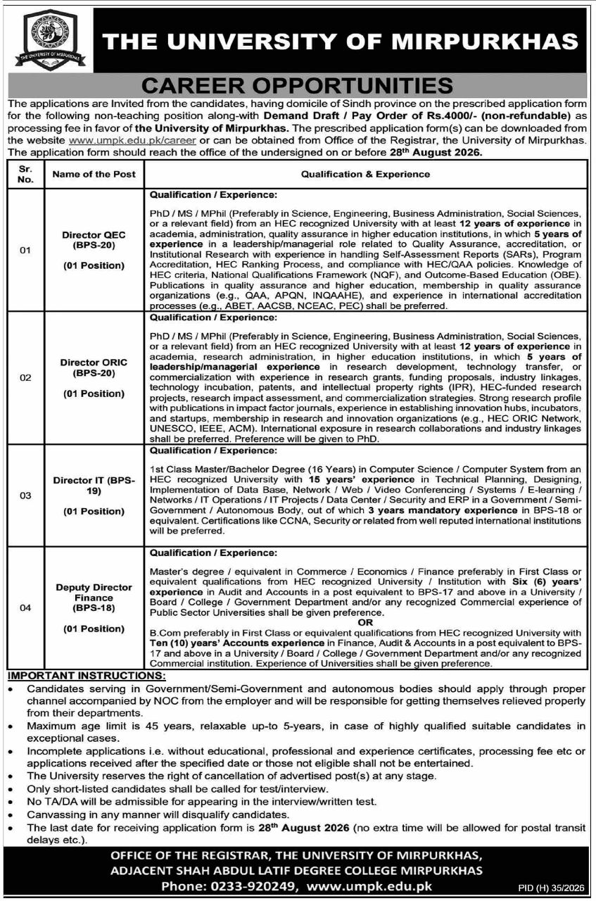 The University of Mirpurkhas Jobs 2026 Jobs 2026 — original newspaper advertisement