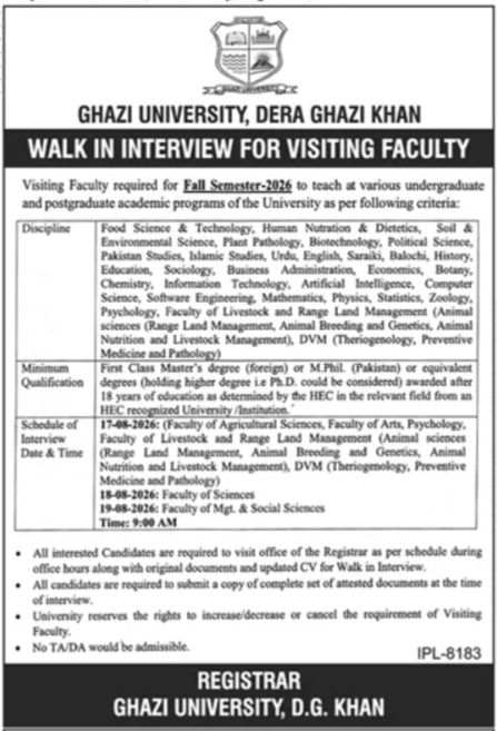 Walk In Interview for Visiting Faculty – Ghazi University, Dera Ghazi Khan Jobs 2026 — original newspaper advertisement
