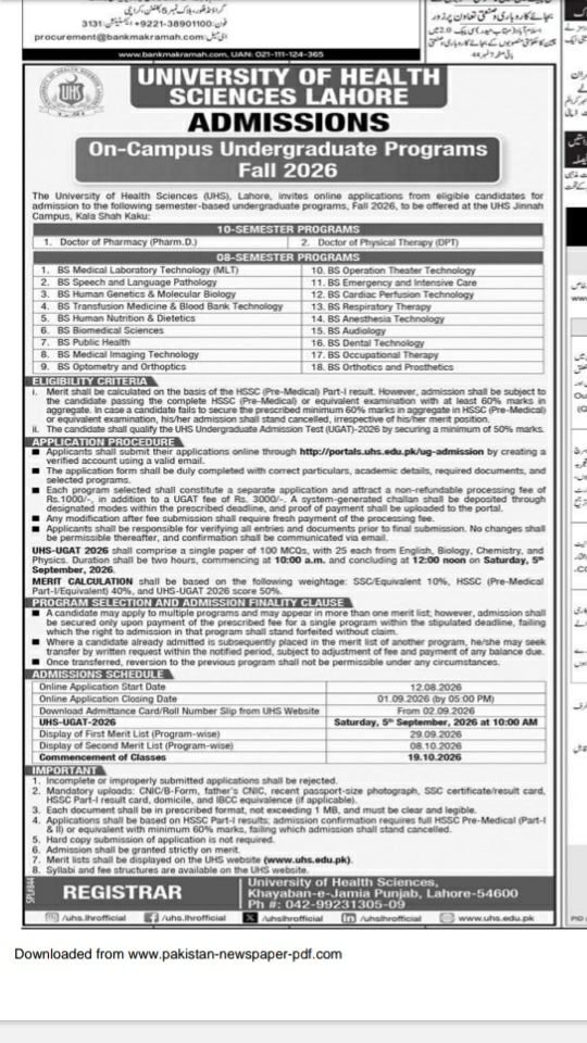 University of Health Sciences Lahore - Admissions On-Campus Undergraduate Programs Fall 2026 – University of Health Sciences (UHS), Lahore Admissions 2026 — original newspaper advertisement