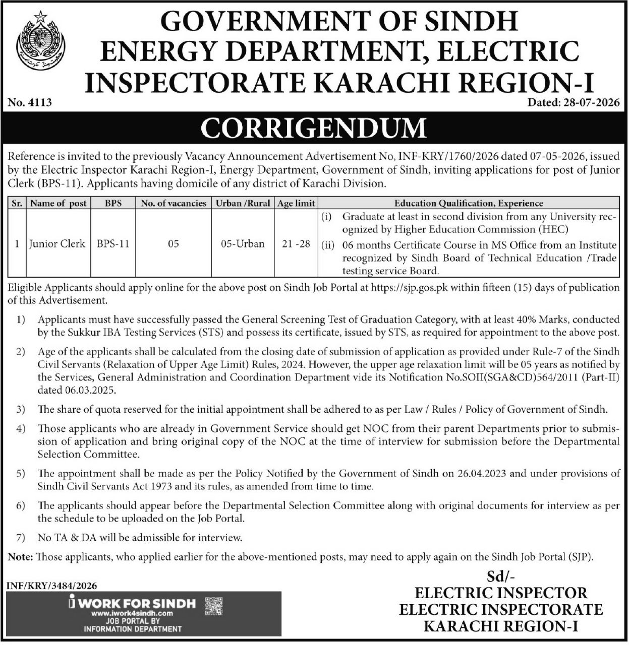Corrigendum - Vacancy Announcement for Junior Clerk (BPS-11) – Government of Sindh, Energy Department, Electric Inspectorate Karachi Region-I Jobs 2026 — original newspaper advertisement