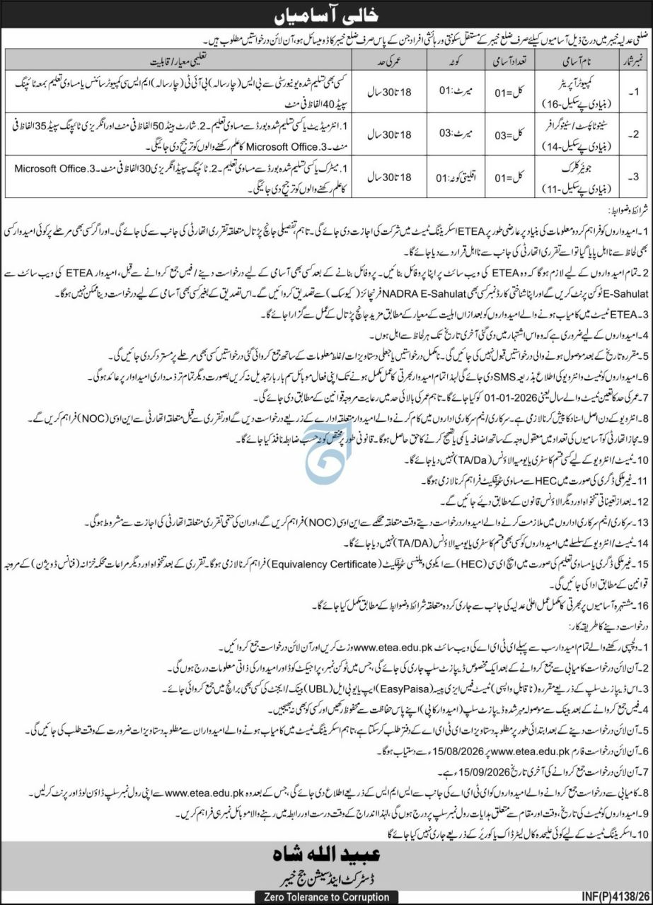 District and Session Judge, Khyber (District Courts Khyber) Jobs 2026 Jobs 2026 — original newspaper advertisement