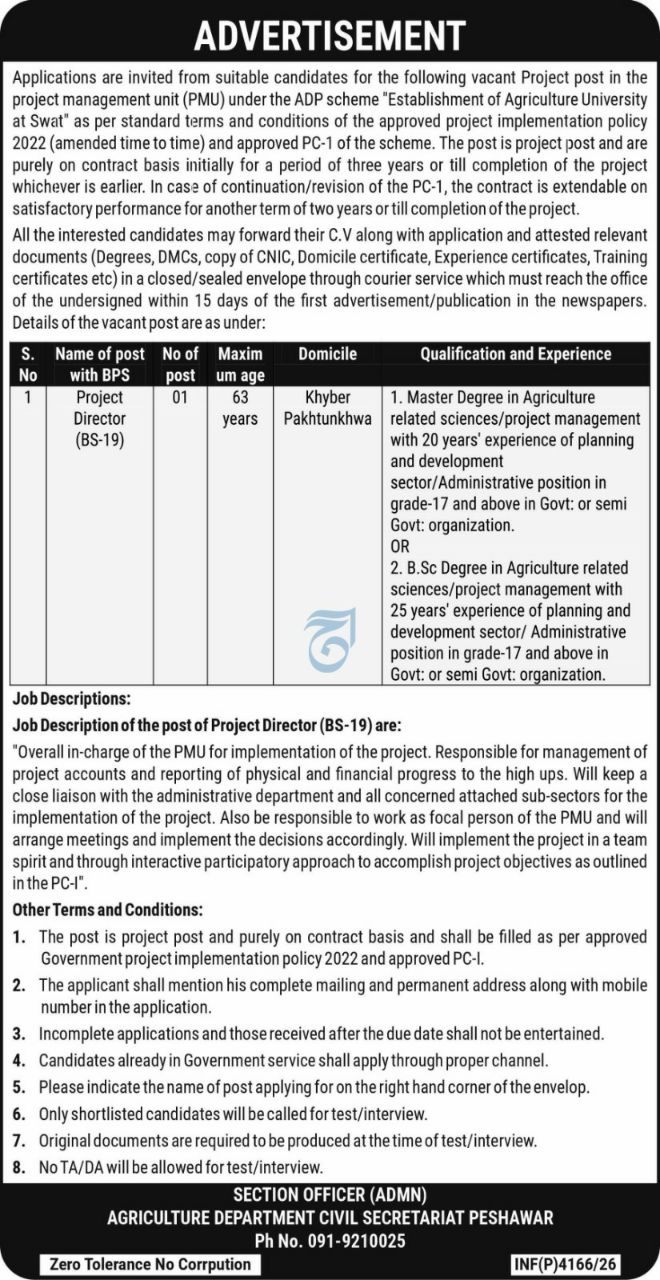 Agriculture Department Civil Secretariat Peshawar Jobs 2026 Jobs 2026 — original newspaper advertisement