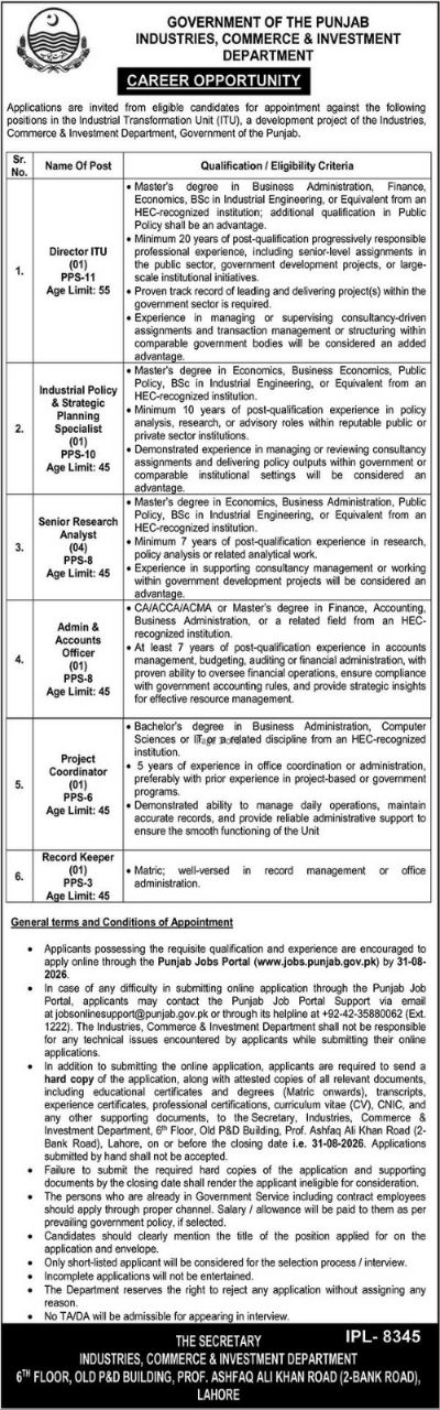 Industrial Transformation Unit (ITU) Jobs 2026 – Government of the Punjab, Industries, Commerce & Investment Department Jobs 2026 — original newspaper advertisement
