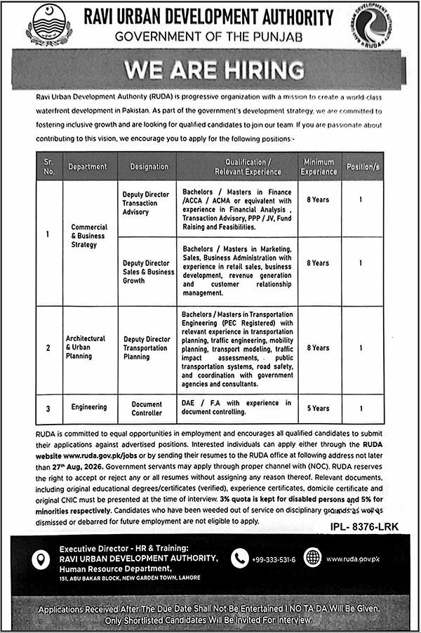 Ravi Urban Development Authority (RUDA) Jobs 2026 – Ravi Urban Development Authority (RUDA), Government of the Punjab Jobs 2026 — original newspaper advertisement
