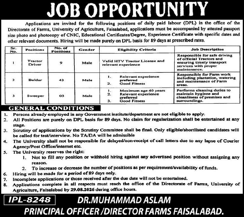 Directorate of Farms, University of Agriculture, Faisalabad Jobs 2026 Jobs 2026 — original newspaper advertisement