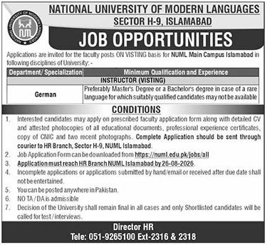 NUML Main Campus Islamabad Jobs 2026 – National University of Modern Languages (NUML) Jobs 2026 — original newspaper advertisement