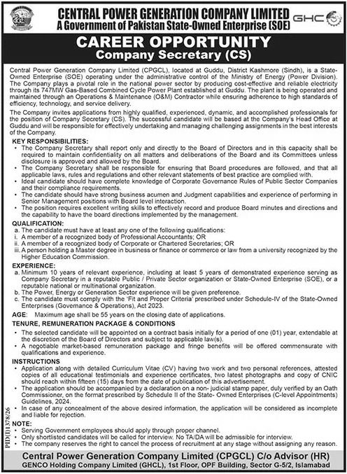 Central Power Generation Company Limited (CPGCL) Jobs 2026 Jobs 2026 — original newspaper advertisement