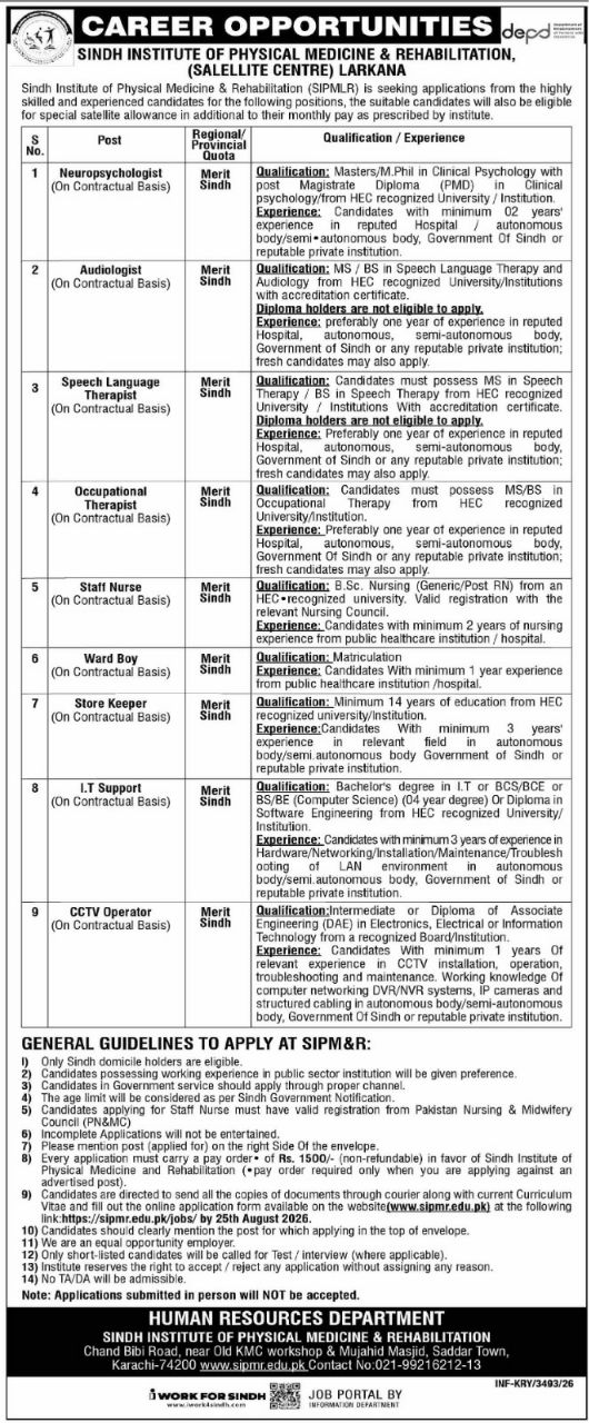 Sindh Institute of Physical Medicine & Rehabilitation (Satellite Centre) Larkana Jobs 2026 – Sindh Institute of Physical Medicine & Rehabilitation (SIPMR) Jobs 2026 — original newspaper advertisement