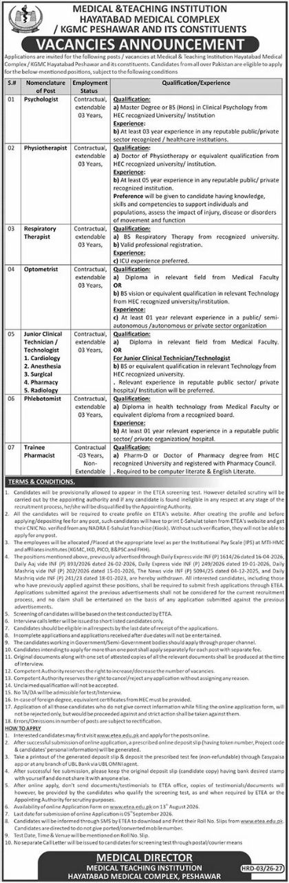 Medical & Teaching Institution Hayatabad Medical Complex / KGMC Peshawar Jobs 2026 – Medical & Teaching Institution Hayatabad Medical Complex / KGMC Peshawar and Its Constituents Jobs 2026 — original newspaper advertisement