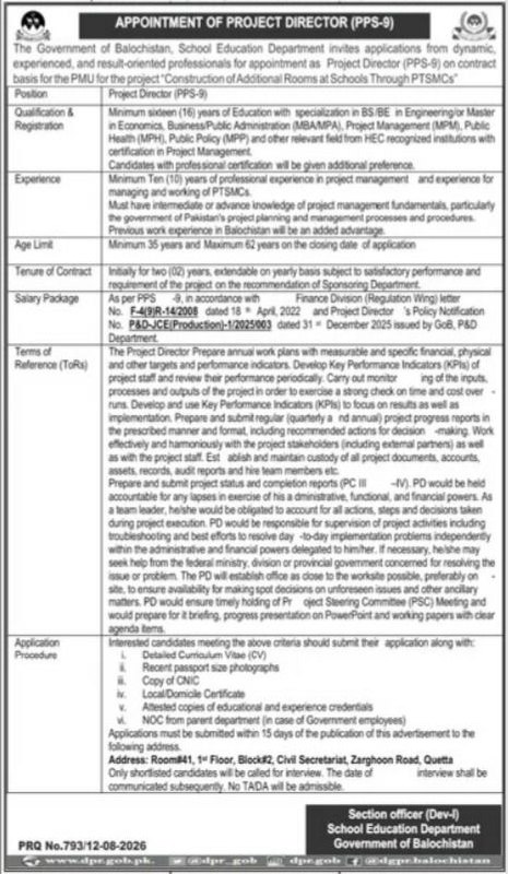School Education Department Job 2026 – Government of Balochistan, School Education Department Jobs 2026 — original newspaper advertisement