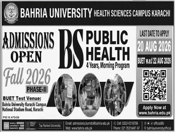 Admissions Open Fall 2026 Phase-II - BS Public Health – Bahria University Health Sciences Campus Karachi Admissions 2026 — original newspaper advertisement