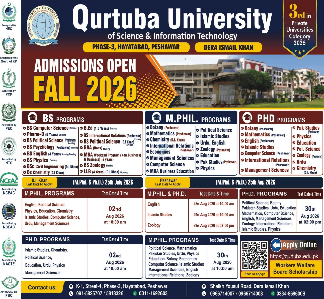 Admissions Open Fall 2026 – Qurtuba University of Science & Information Technology Admissions 2026 — original newspaper advertisement
