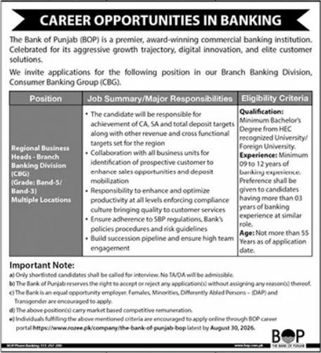 Bank of Punjab (BOP) Job 2026 Jobs 2026 — original newspaper advertisement