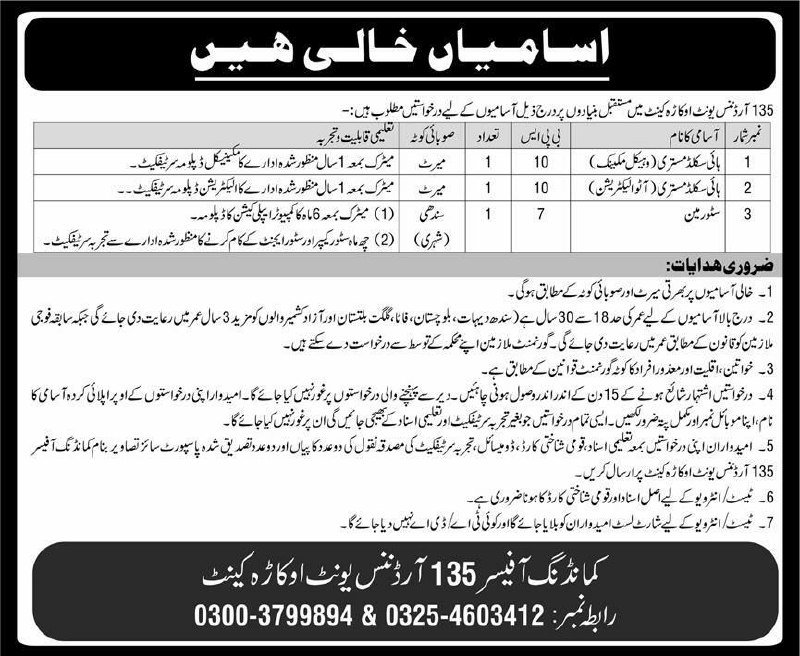 135 Ordnance Unit, Okara Cantonment Jobs 2026 Jobs 2026 — original newspaper advertisement
