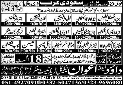 Generator Technician And Elevator Technician Jobs in Saudi Arabia – Dawood and Awaan Technical Trading Center / GO SOURCE PLACEMENT SERVICES Jobs 2026 — original newspaper advertisement