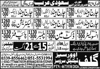 Charge Hand (Electrical) And Charge Hand (Dunking) Jobs in Saudi Arabia – Gulf Overseas Services Jobs 2026 — original newspaper advertisement